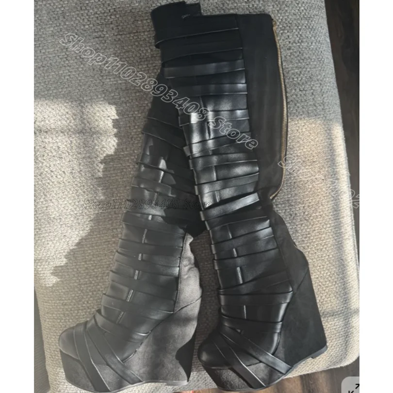 

Black Wedges Heels Leather Boots Round Toe Back Zipper Fashion Punk Style Women Comfortable Casual Boots Zapatos Para Mujere