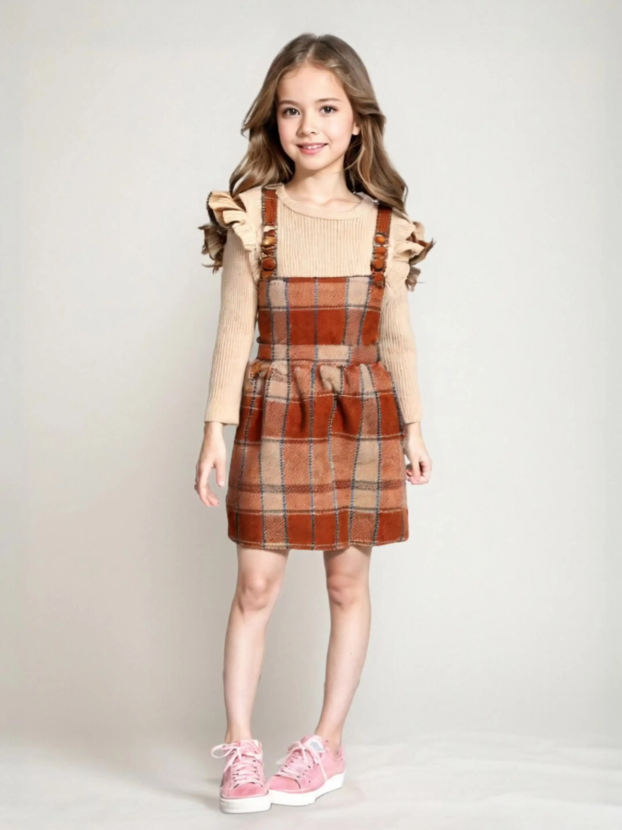 مجموعة تنورة للفتيات الصغيرات، مجموعة تنورة بحمالات منقوشة بأكمام طويلة، ملابس شتوية للفتيات الصغيرات #4