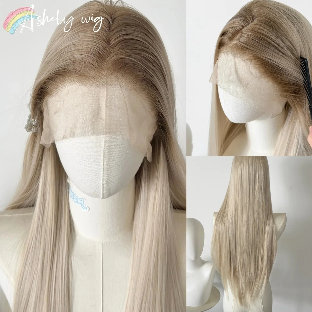 13x4 Lace Front Wig for Women 26inch Long Straight Wigs Ash Blonde with Brown Root High Quality Blonde Synthetic Lace Front Wig