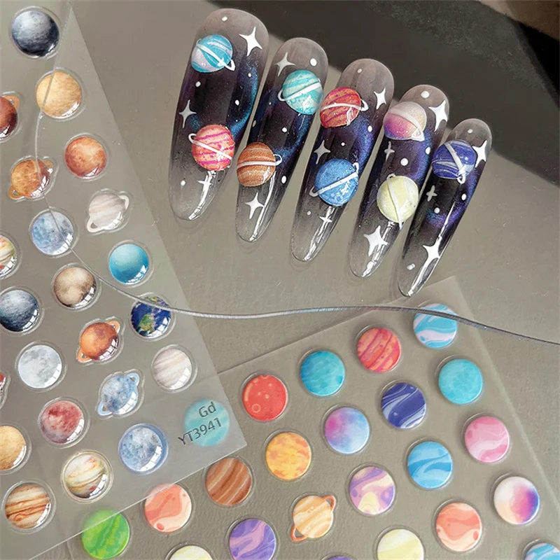 Cute Universe Planet Nail Stickers 3D Star Space Design Slider Press On Nail Decals Nail Art Decoration Manicure Salon DIY