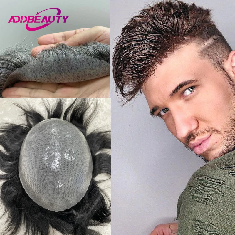 Men Toupee With Knots Full PU 0.14mm Thin SKin Men's Capillary Prosthesis Invisible Human Hair System Unit Natural Grey Hair Wig