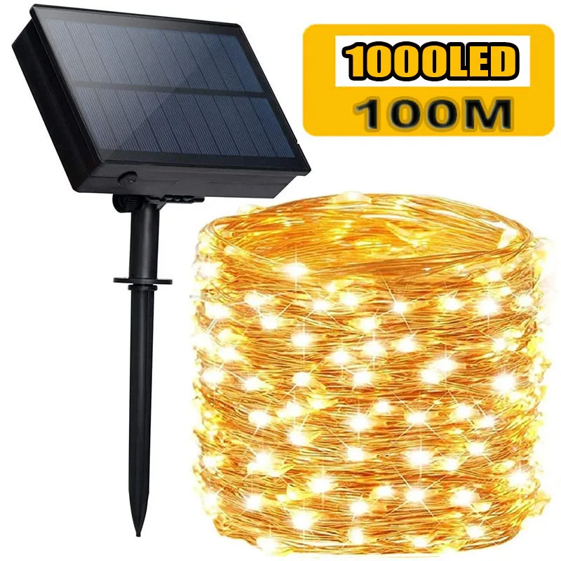 Guirnalda de luces LED solares para exteriores, lámpara de hadas impermeable, decoración para Patio, jardín, vacaciones, fiesta de boda, 100M, 1000