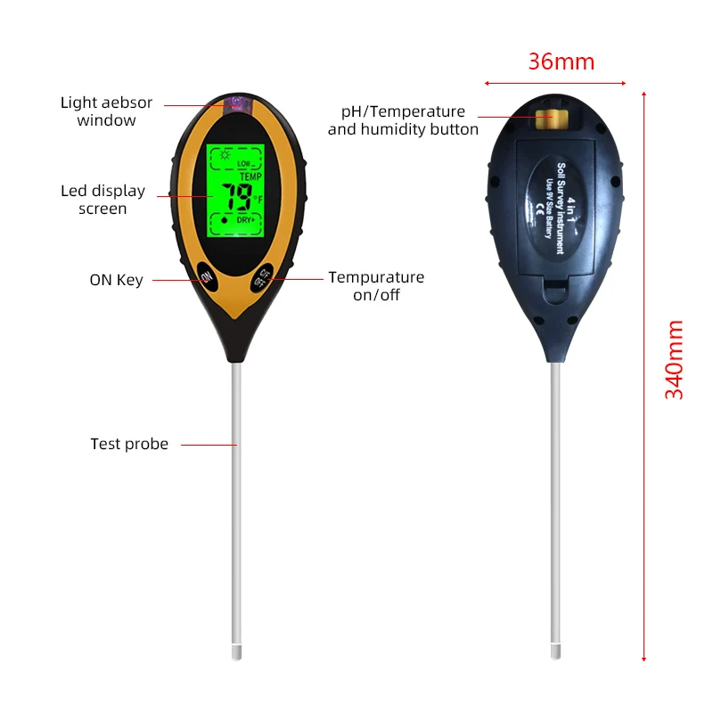 Soil PH Meter Tester Soil Tester PH Moisture meter Temperature Sunlight Intensity measurement Analysis Soil Acidity Test 4 in 1