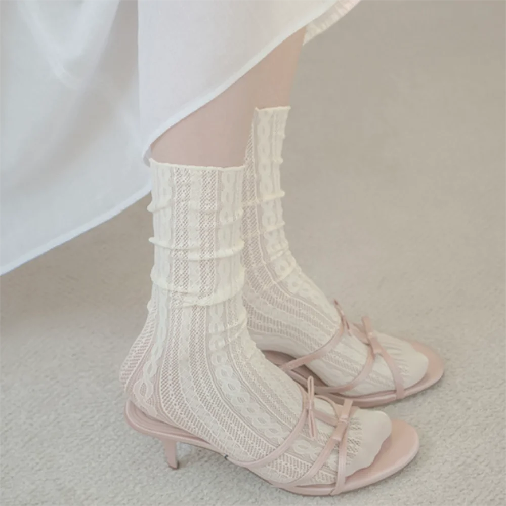 

1 Pair Black and White Fashionable Mid-Long Leg Lace Mesh Socks Korea Style Cute New White Retro Lace Girl Cotton Casual Socks