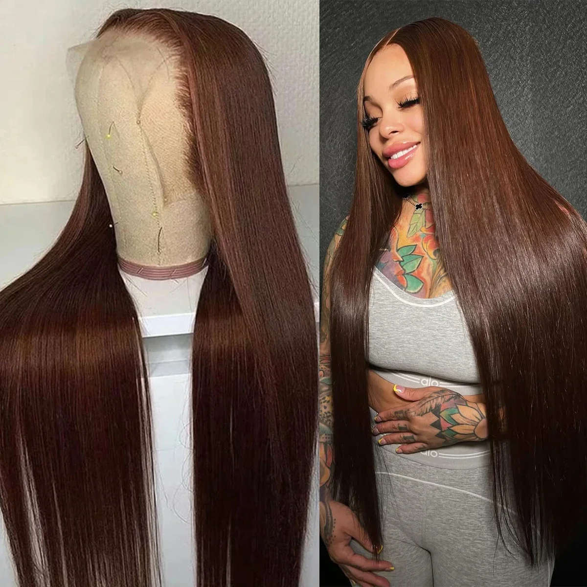 

Шоколадно-коричневый 13x6 HD Кружевные фронтальные парики Bone Straight 100% вьетнамские волосы Remy Virgin Предварительно выщипанные бесклеевые парики Человеческие волосы