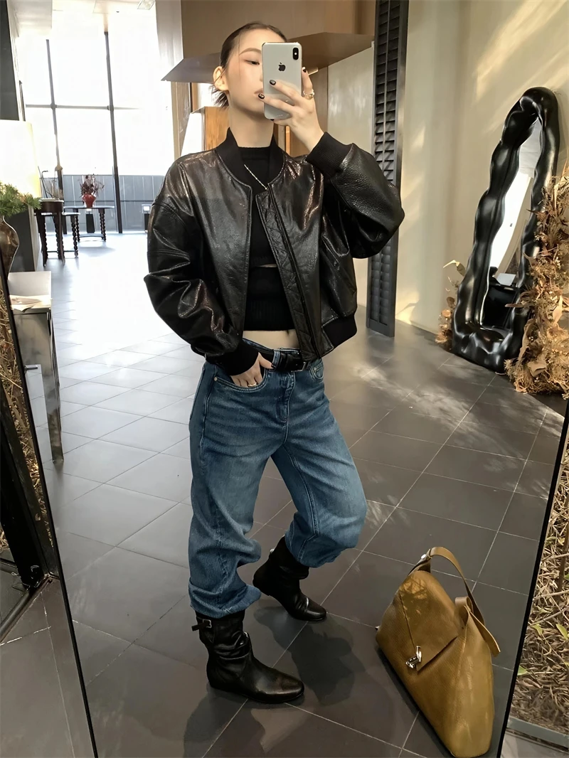 Guobioziy Women's Casual Padded Shoulder Aviator Leather Jacket 2026 Spring-Autumn European Fashion Trend Classic Biker Street