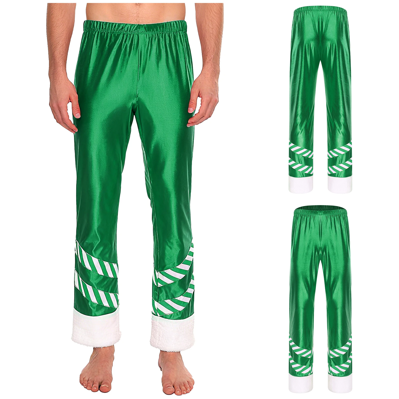

Men Christmas Striped Santa Costume Performance Dance Metallic Elastic Waistband Wide Leg Pants for Xmas New Year Cosplay Party