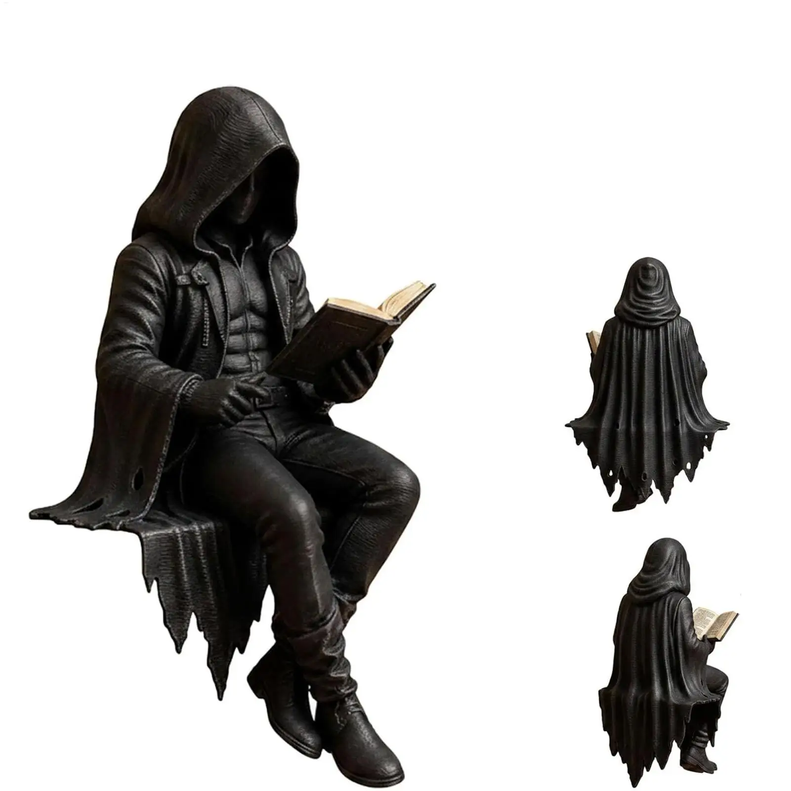 Gothic Dark Fantasy Figurine Gothic Skull Demonn Hooded Figure Of Grimm Reaper Reading Book Resin Seated Grimm Reaper Sculpture