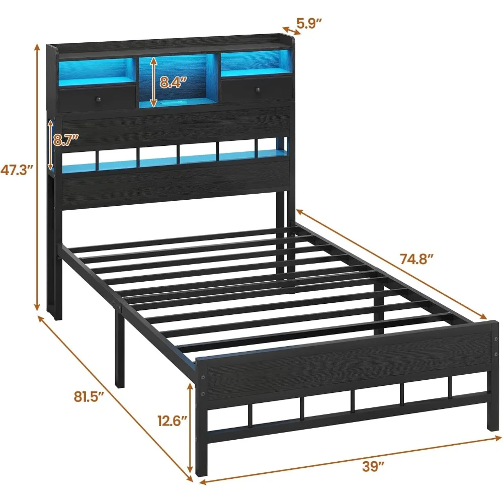 Twin Bed Frame with Storage Headboard, Charging Station & Lights, Black
