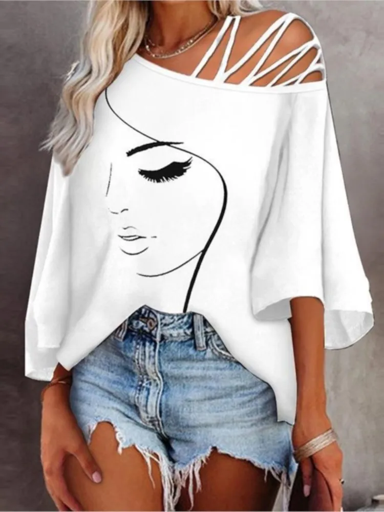 Women Print Loose Sexy Diagonal Collar Off Shoulder Hollow Out Tops 2025 Spring Autumn Fashion Elegant Half Sleeve Blouses Top