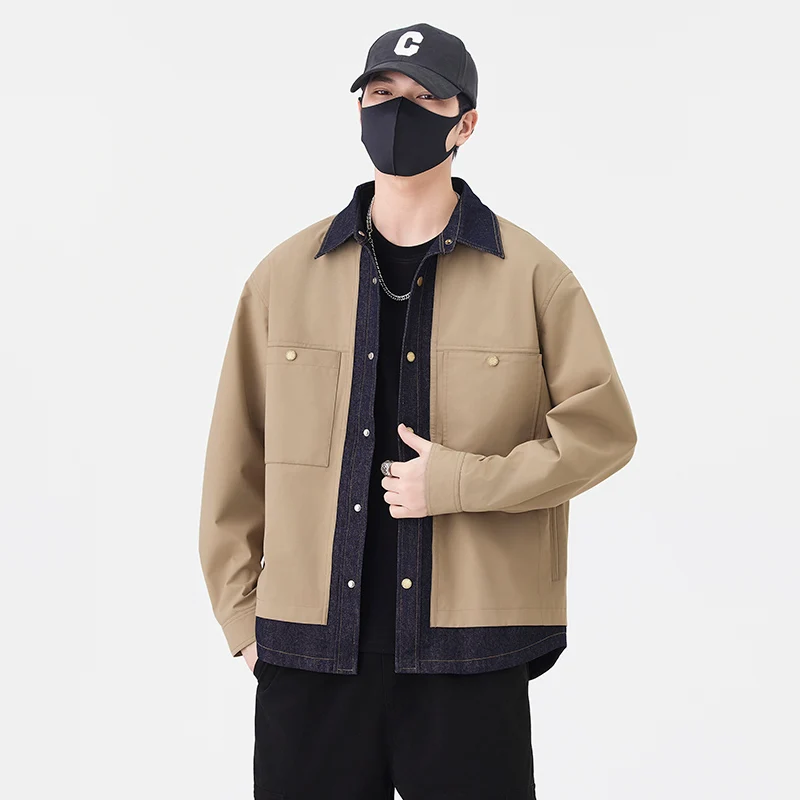 

Мужская демисезонная куртка-обманка (имитация двухслойности) свободного кроя, модный дизайн, повседневная рабочая одежда, пальто с длинным рукавом, стандартный крой, для спорта и активного отдыха