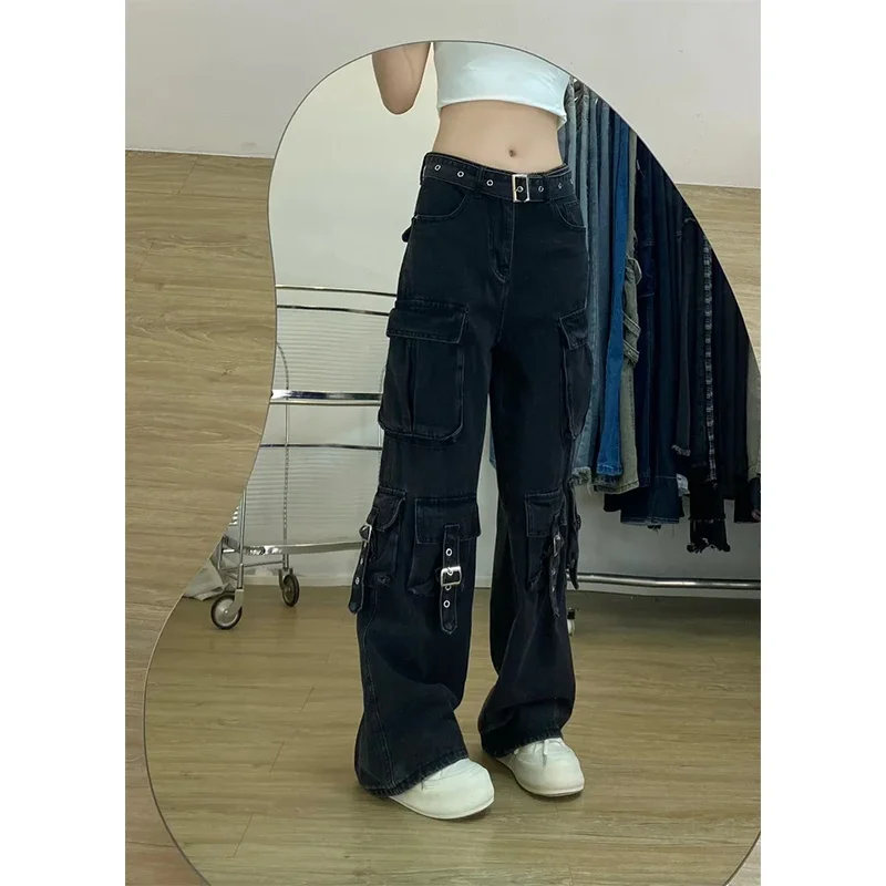 American High Street Multi-ket Workwear Denim Pants Women's Street Design High Waist Loose Straight Leg Wide Leg Pants