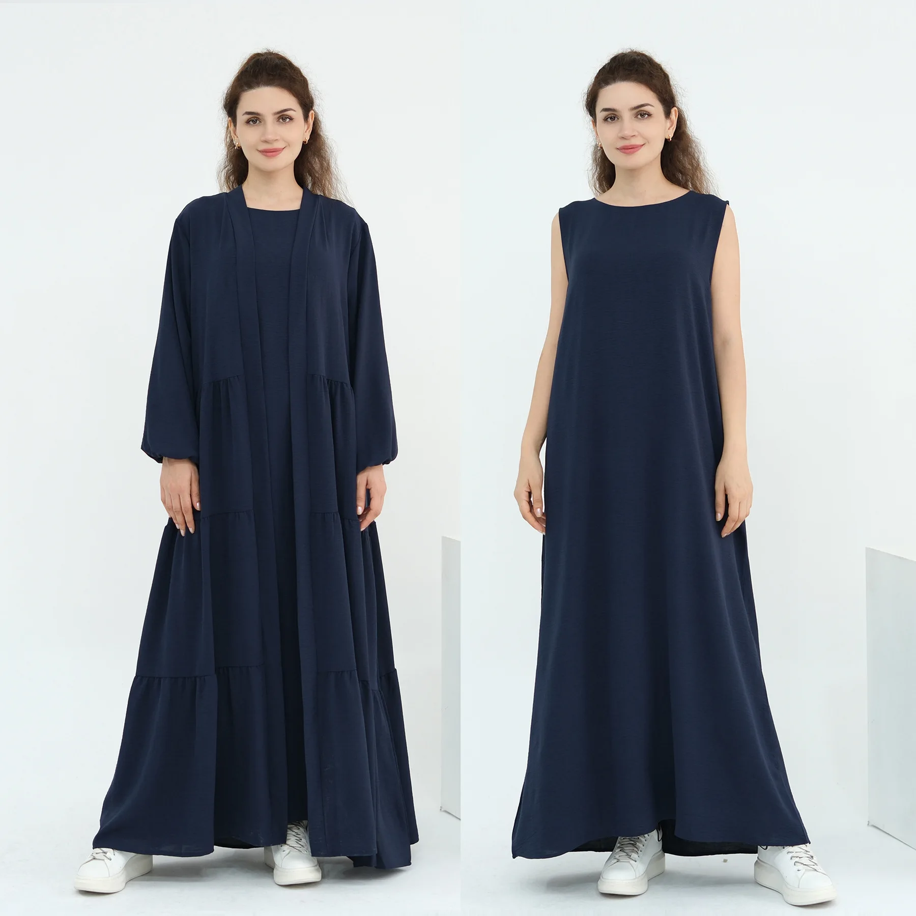 

2025 Новый дизайн Абая Мягкий креп с рюшами Стиль 2-х предметный комплект Абая Необычные мусульманские скромные платья Повседневная одежда Дубай Женский комплект Абая