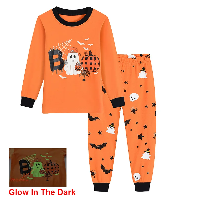 Little Hand Boys Girls Glowing Halloween Sleepwear Toddler Cute Ghost Pumpkin Graphic Long Sleeve 2pcs Pjs Set Casual Pajama 2‑7