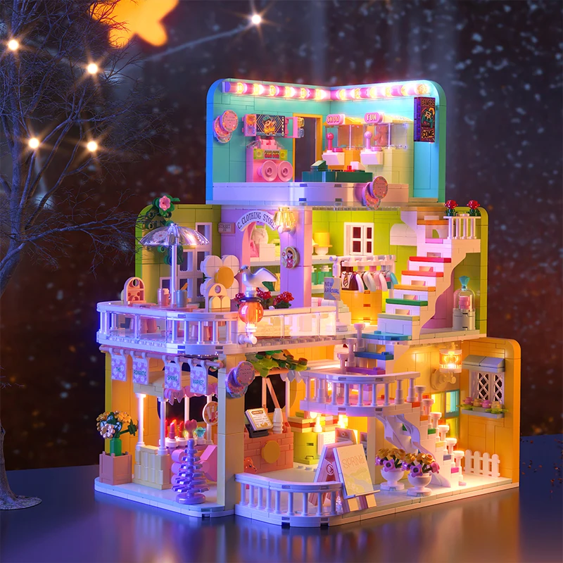 1475PCS Shopping Mall Building Blocks Creative City Street View House Model Bricks Set With Light Puzzle DIY Toys Christmas Gift