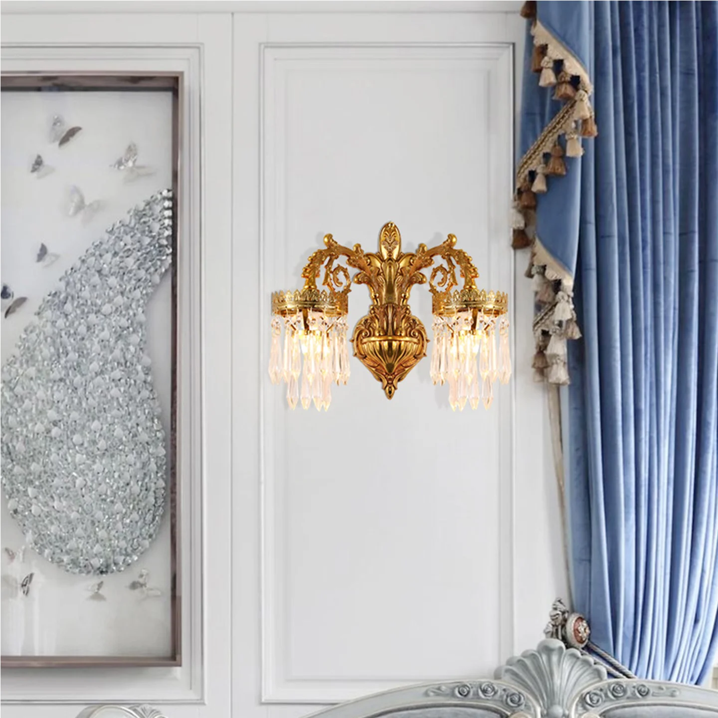French Empire Classic Sitting Room Foyer Luxury Crystal Tassel Wall Lamp Hotel Hall Dewaxed Copper Wall Light