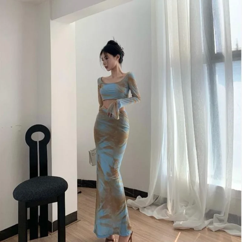 

Fashion Long Dress Set Retro Foreign Oil Painting Tie-dye Long Sleeve Slim Fit Fashion High Waist Skirt Long Skirt Hip Wrap Set