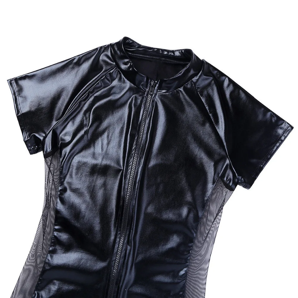 Male Latex Catsuit Wetlook Patent Leather Romper Zipper Open Crotch Jumpsuit Short Sleeves Bodysuit Underwear Club Stage Costume