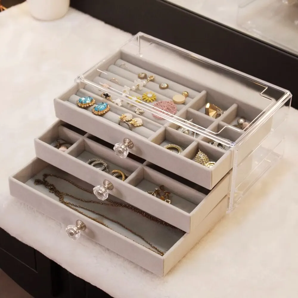 Schmuckbox aus Flanell mit Schubladen, 3-lagiger Aufbewahrungsorganizer mit großer Kapazität für Ohrringe, Halsketten und Ringe – Detail 5
