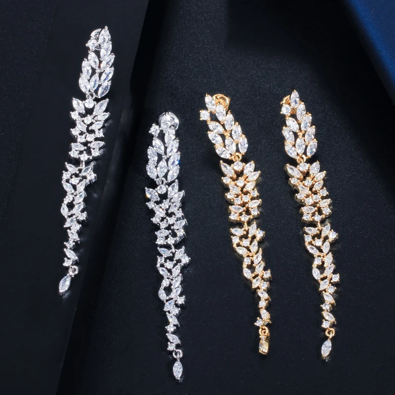 

ThreeGraces Shining White Cubic Zirconia Gold Color Long Thin Dangle Drop Earrings for Women Fashion Bridal Party Jewelry E1416