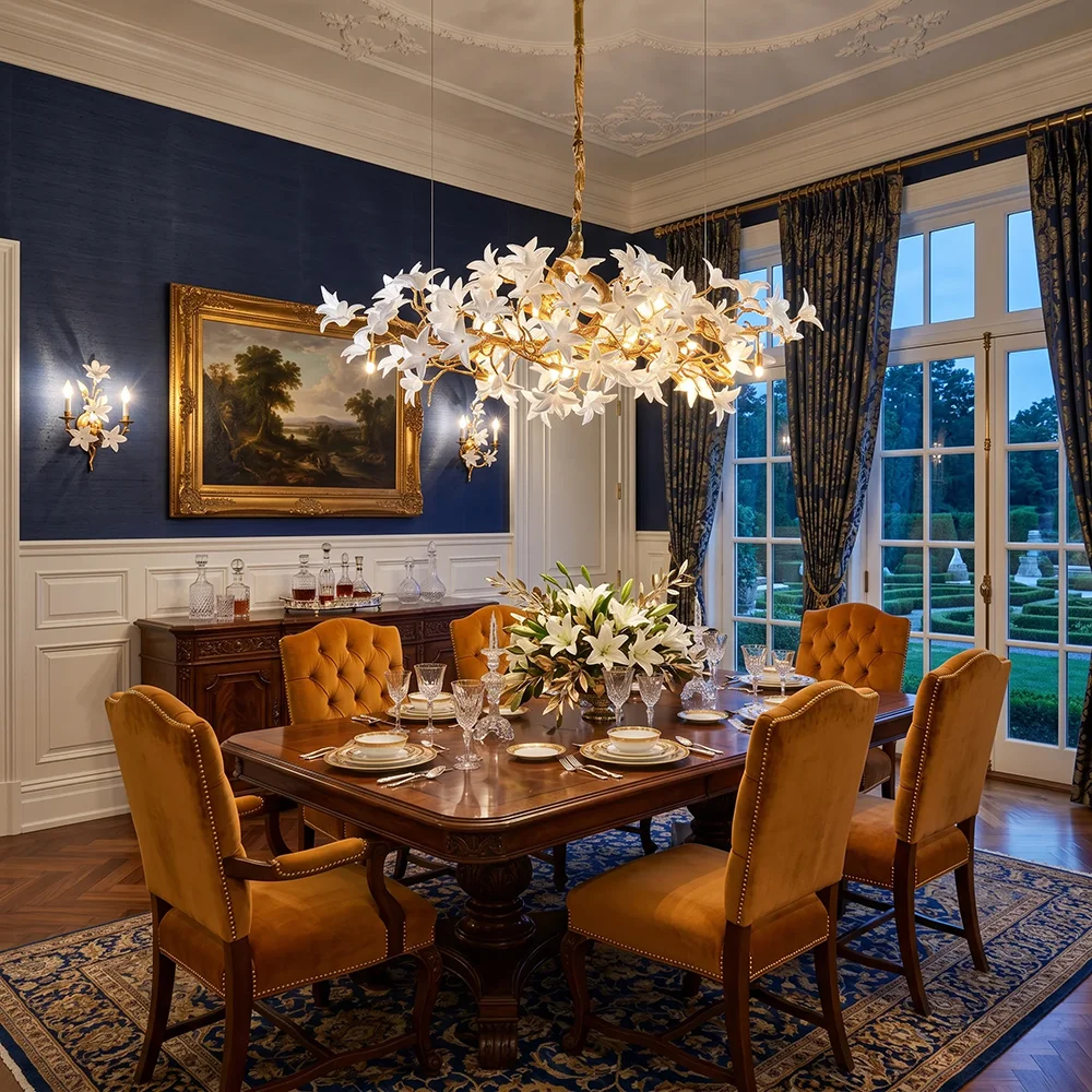 French Luxury Glass Flower Chandelier for Dining Living Room Villa Gold Long Aluminum Branch Hanging Lamp Home Decor