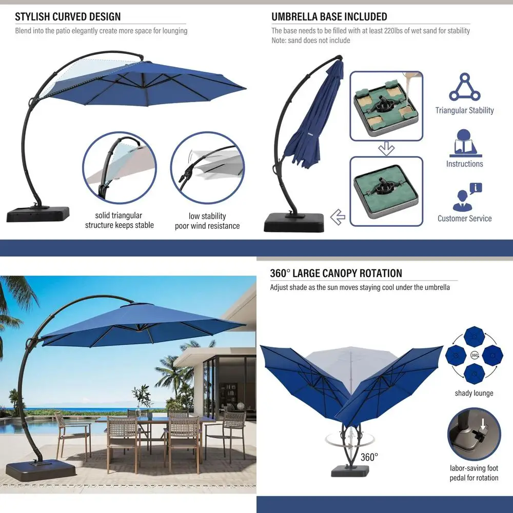 

Большой 11-футовый зонт-кантриолер класса люкс с поворотом на 360° ° Вращающийся стул с основанием, идеально подходит для патио, бассейна или сада (темно-синий)