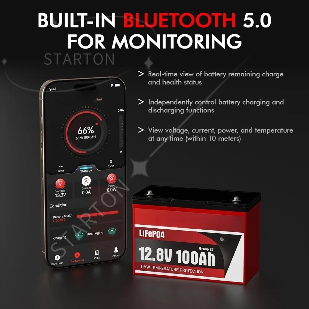 12V 100Ah Bluetooth LiFePO4 Battery, Low-Temp Protection 12V Lithium Battery Built in 100A BMS