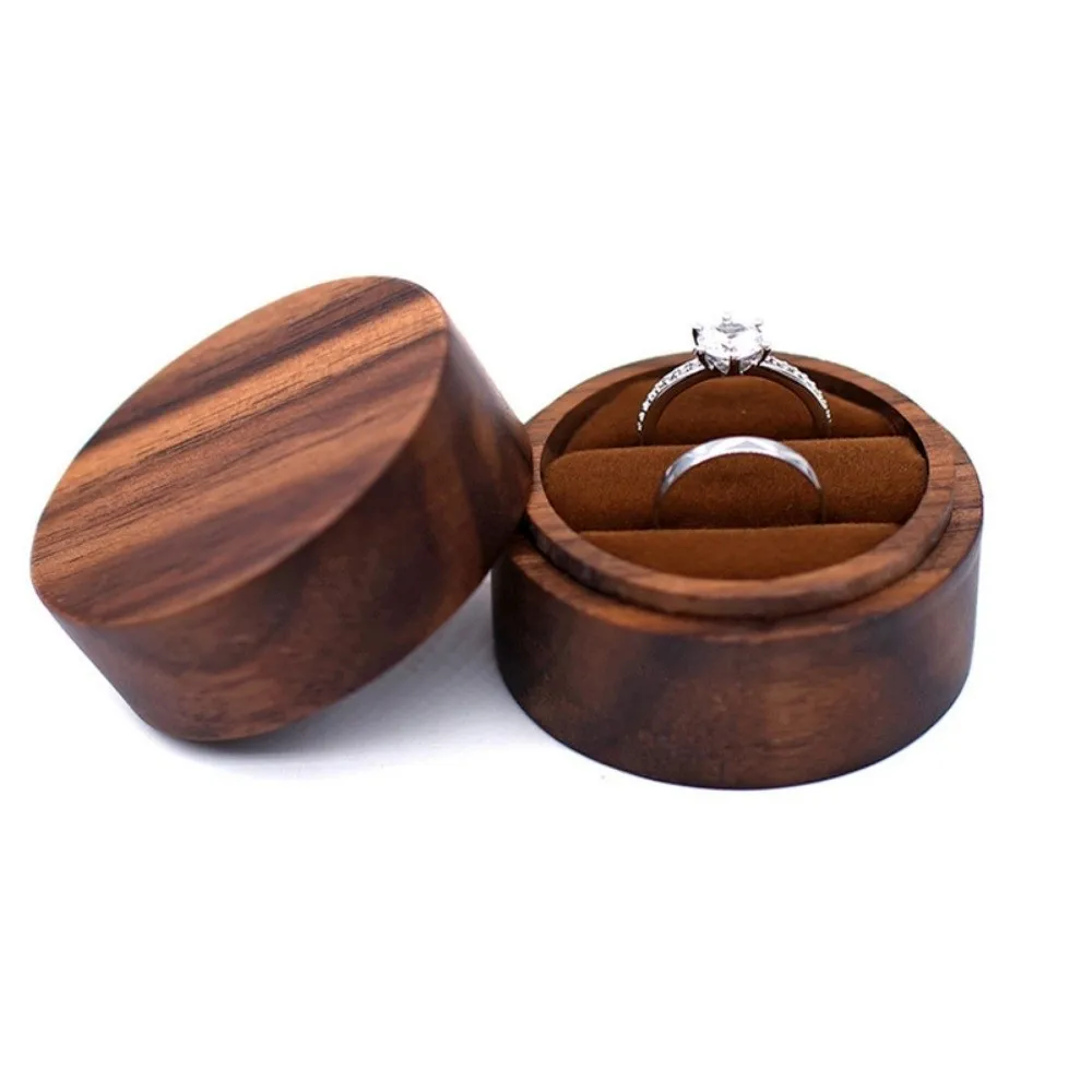 New Wooden Round Ring Box Portable Transparent Cover Engagement Ring Case Brown Ring Display Boxs Gifts