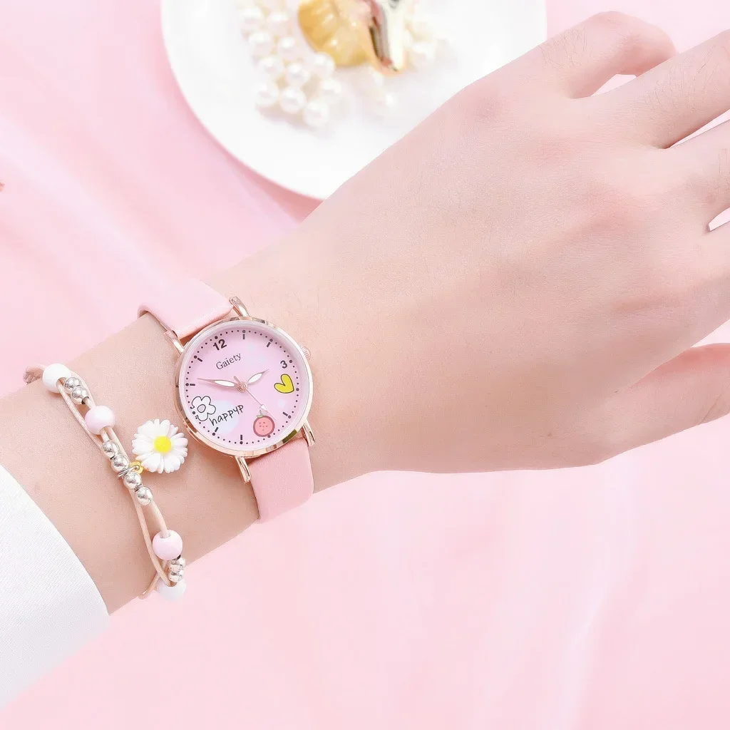 Cartoon Pattern Quartz Watch Set for Girls Fashion Students Clock Kids Watches Pink Cute Children's Wristwatch Relogio Feminino