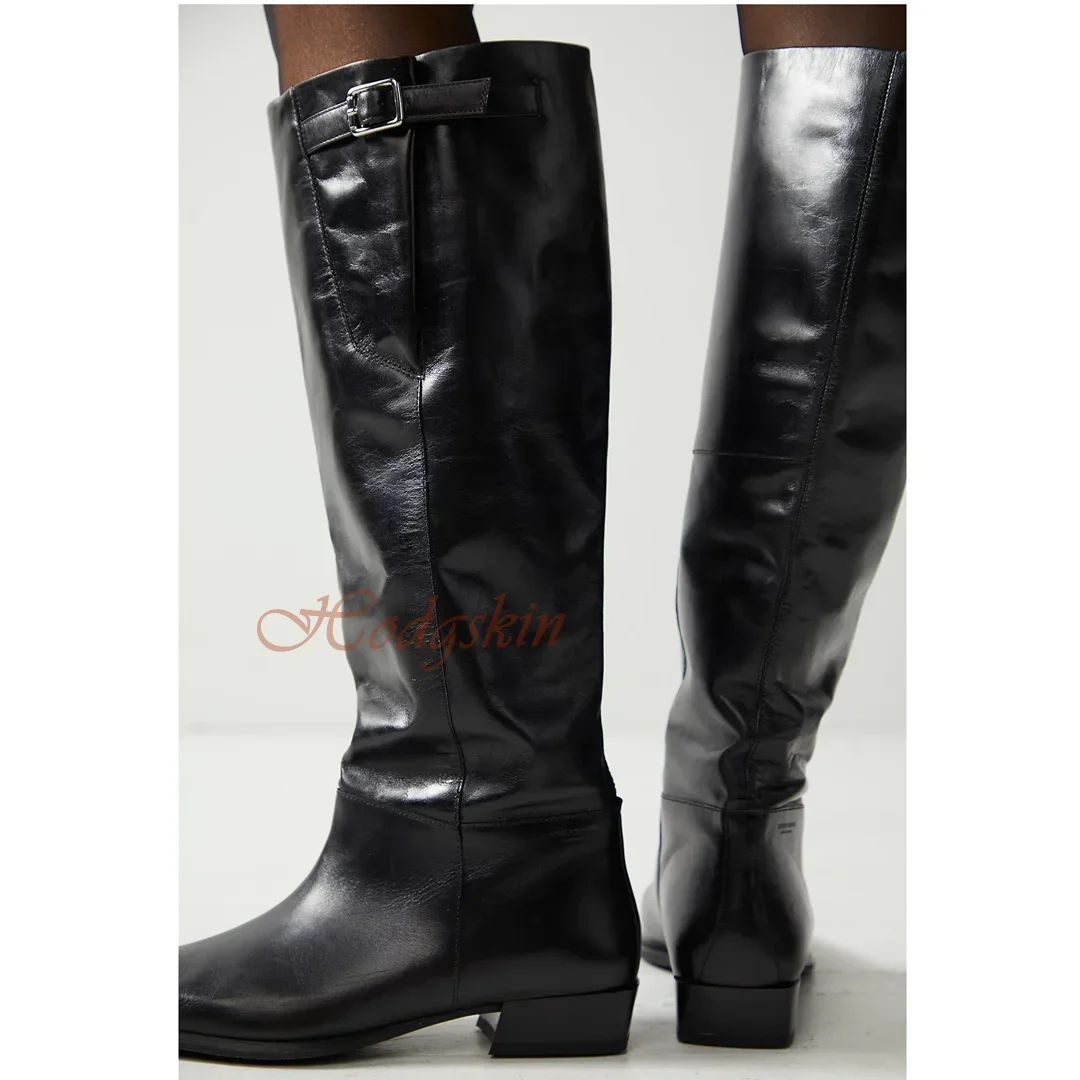 Genuine Leather Knee High Boots Pointy Toe Chunk Low Heels Buckles Straps Solid Boots Women Casual Shoes Winter Autumn Simple