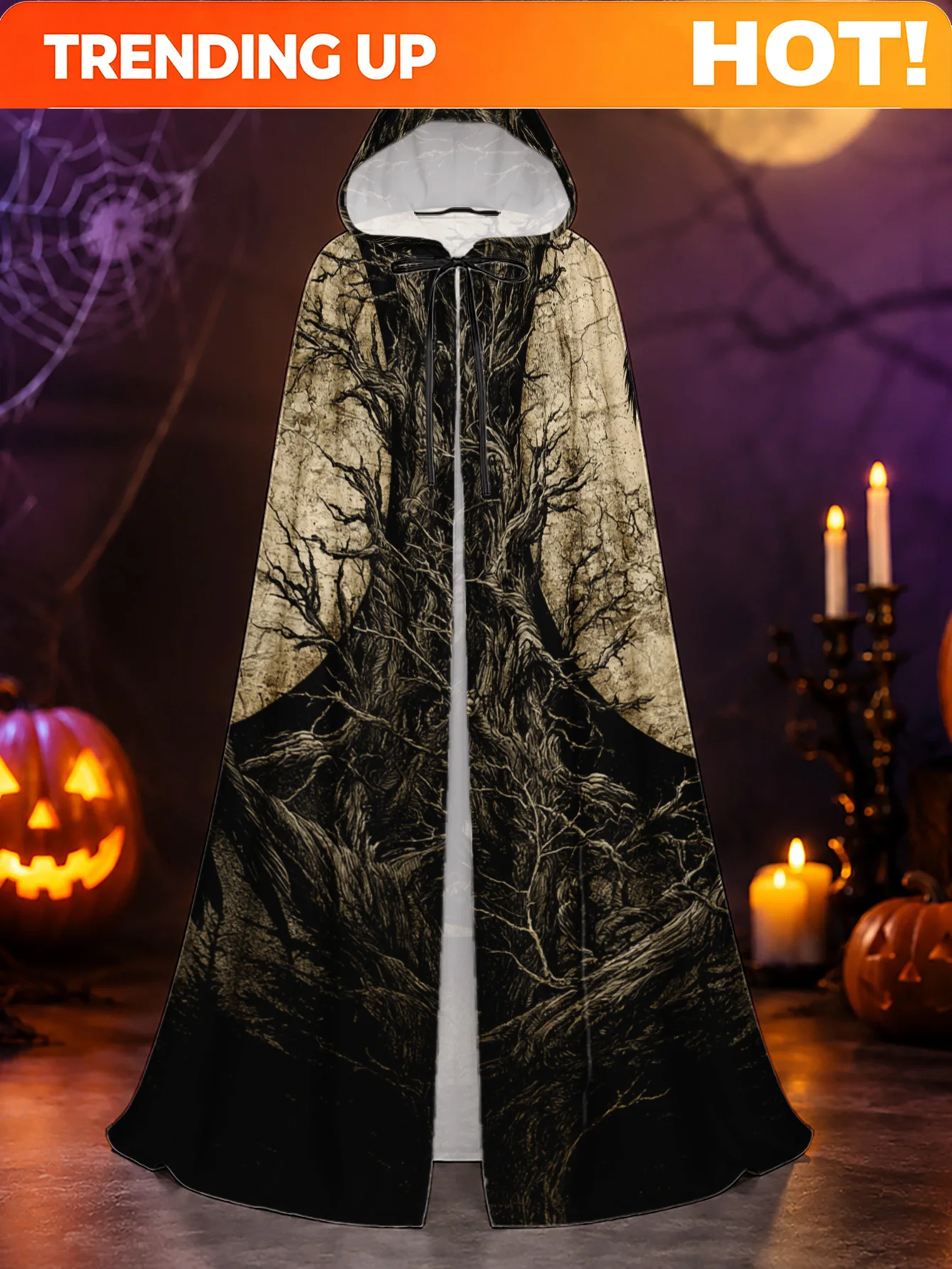 Customization 1pc, Polyester Witch's Robe With Gothic Raven Under Moonlight Pattern, Hooded Cape For Halloween And Christmas Cos