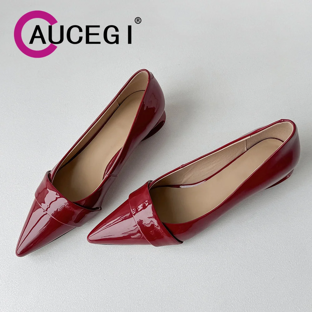 Aucegi 2024 Summer New Red Apricot Mid Fretwork Heeled Pumps Delicate Women Sexy Pointed Toe Quality Leather Wedding Party Shoes