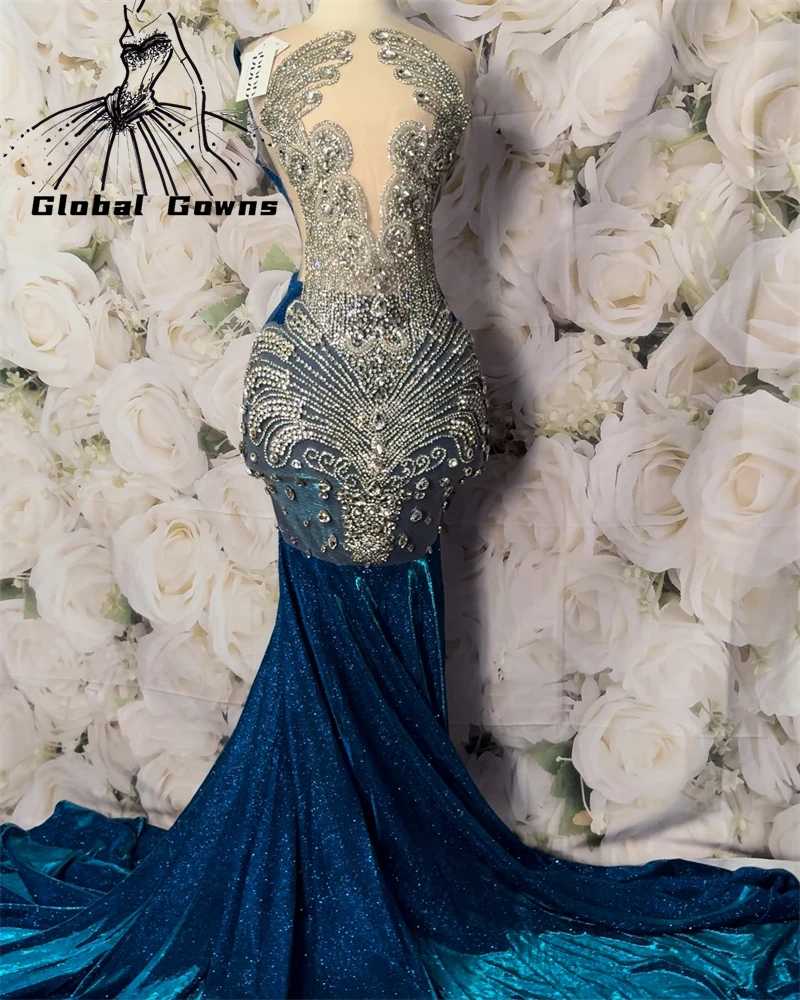 Navy Blue Long Prom Dresses For Black Girls 2025 Beaded Evening Dress Crystal Rhinestone Birthday Party Gowns Customized