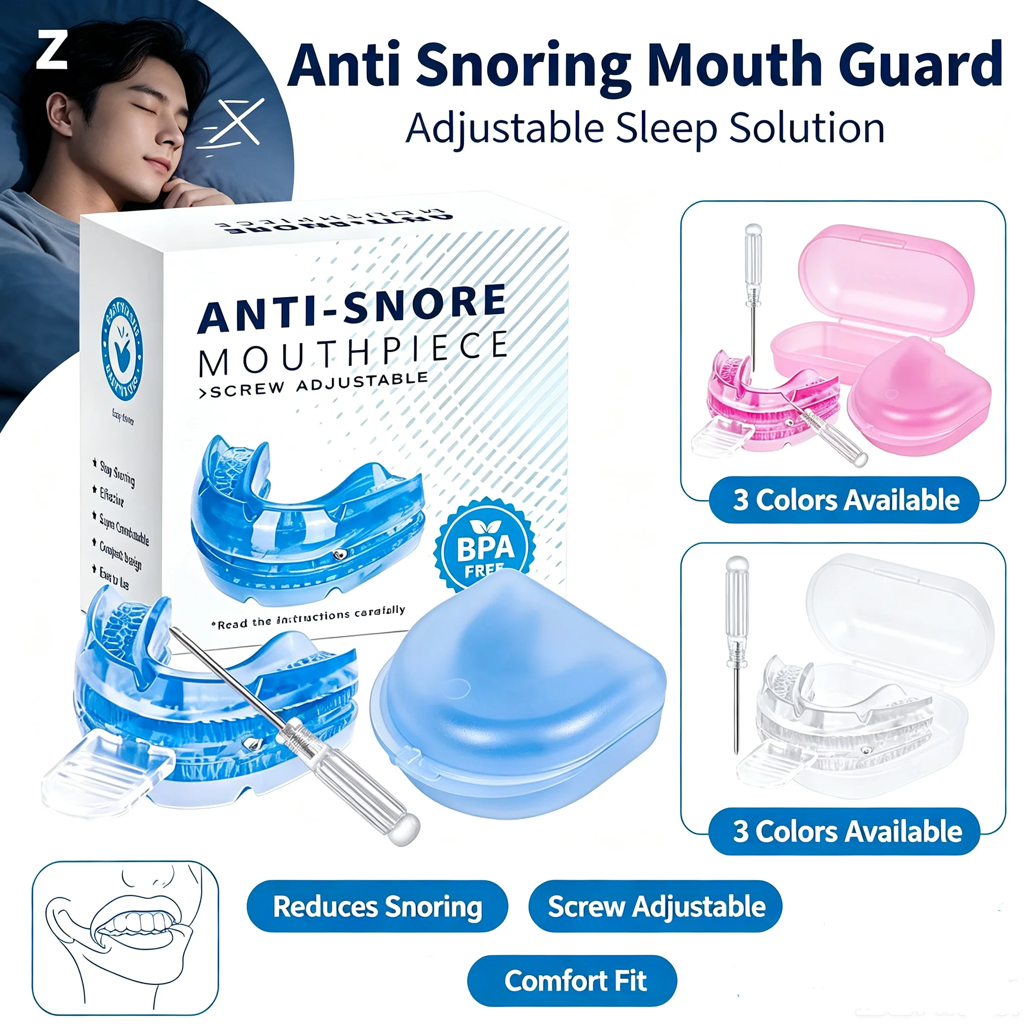 Adjustable Anti Snoring Mouth Guard Silicone Sleep Apnea Mouthpiece Bruxism Teeth Grinding Stop Snoring Device for Night Sleep