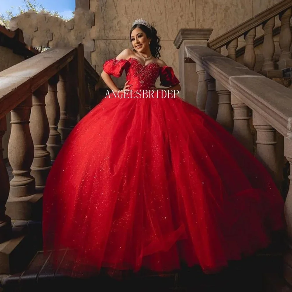 فستان Angelsbridep مخصص باللون الأحمر اللامع Quinceanera فستان سهرة من Vestidos De 15 Quinceañera حلو 16 فساتين حفلات للفتيات