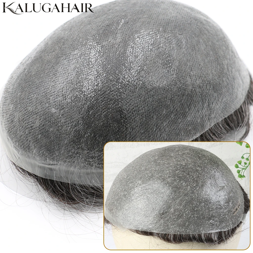 0.02-0.03mm Full PU Skin Men's Toupee V-Loop Natural Hairline Human Hair System Replacement Invisible Ultra-thin Prosthesis Wig