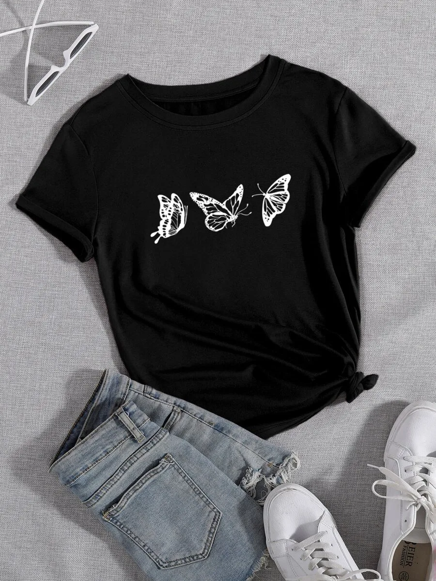 

Plus - Size Black Short - Sleeve Tee with Three White Butterflies Graphic