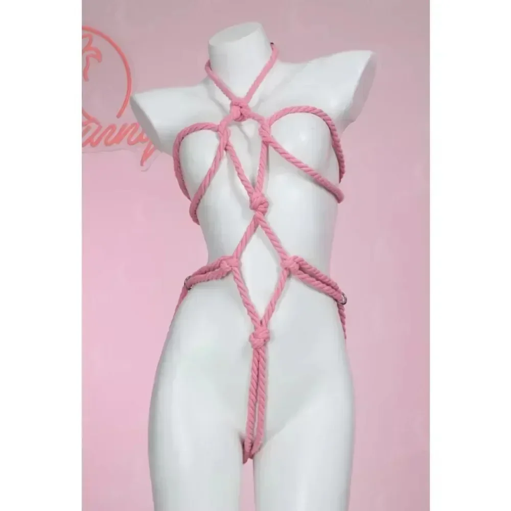 

Mobbunny Women's Pink Lingerie Rope Body Chain Bandage Accessory and Leather Jumpsuit for Halloween Cosplay Costume