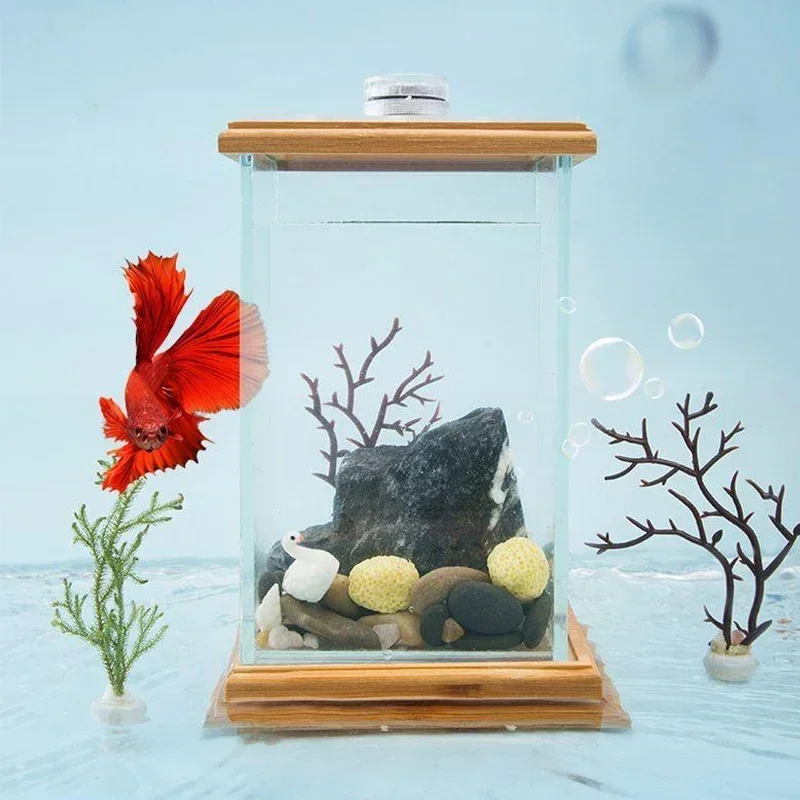 Mini Desktop Small Fish Tank LED Cylindrical Rotating Office Fish Tank Glass Ecological Aquarium Decoration Aquatic Plants