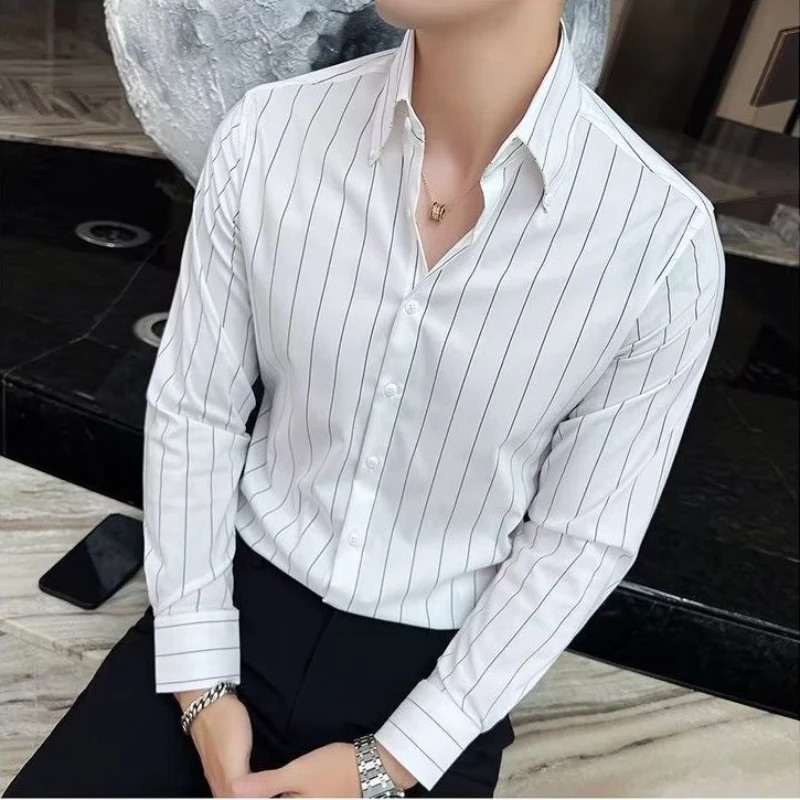 

Long Sleeve Male Top Business Striped Men's Shirt and Blouse Casual Cotton Xxl Original with Sleeves Summer Clothes Silk Cool I