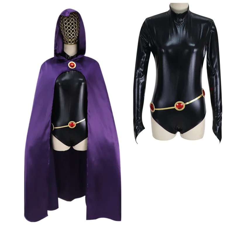 レイブンティーンタイタンズコスプレ衣装ハロウィンパーティースーパーヒーローレイブン変装衣装紫フード付きジャンプスーツマント黒ボディスーツ
