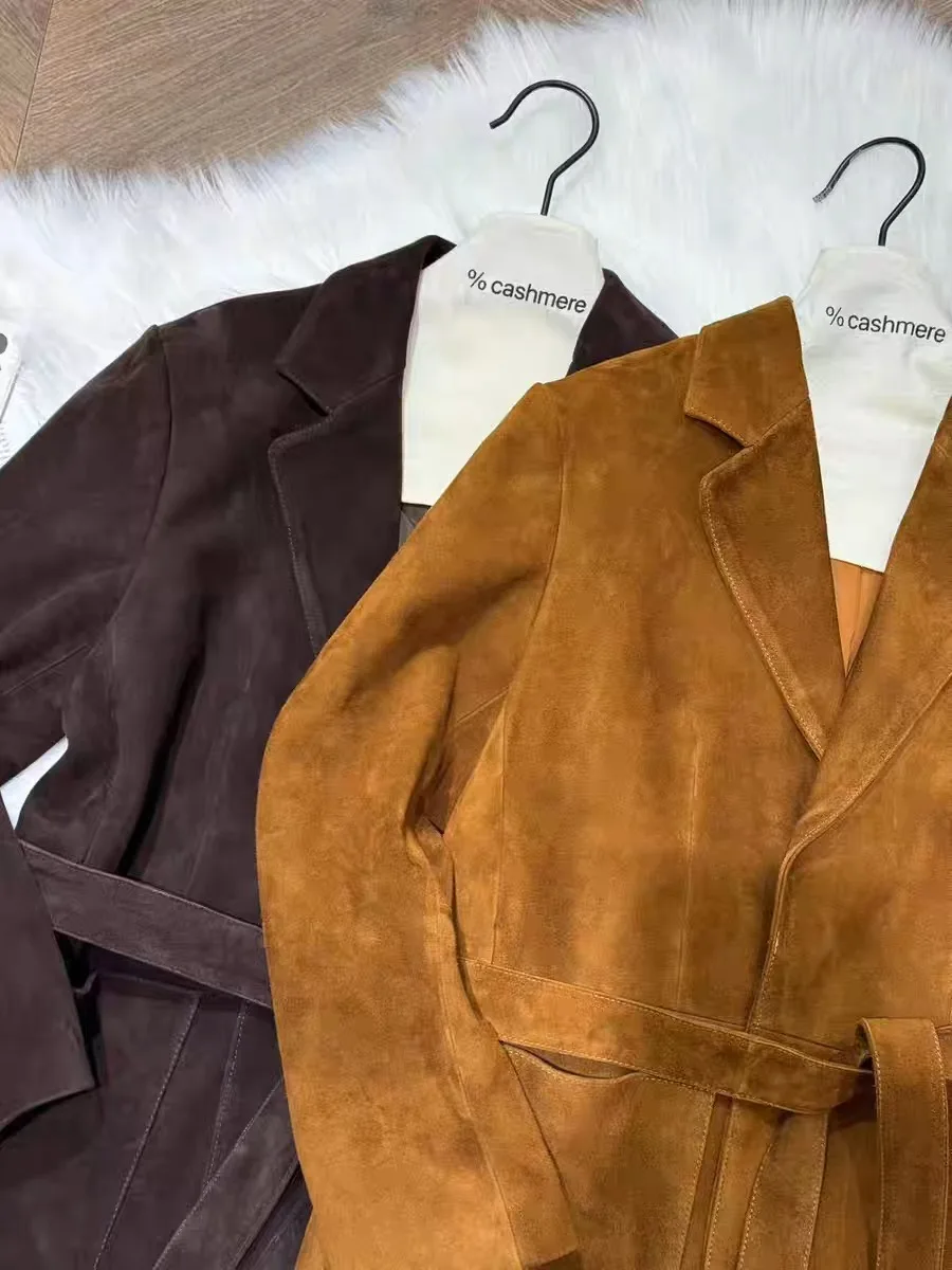 Giacca in pelle scamosciata per bambini retrò di fascia alta per donna Cappotto lungo monopetto con collo quadrato e cinturino Capispalla femminile al cioccolato