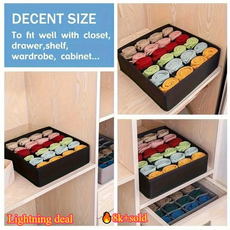 24 CompartmentsCollapsible FabricStorage Box,FoldableOrganizer forSocks, Underwear,Ties & Accessories, Available inBlack & Beige