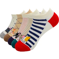 5 Pairs Women Socks Harajuku Cartoon Cute Cat Cotton Ankle Socks Korean Girls Kawaii Casual Breathable Short Sock Sox Calcetines