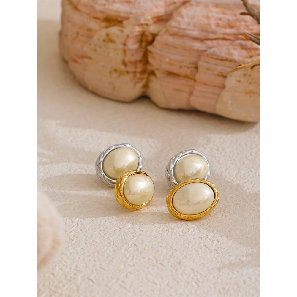 Yhpup Korean Style Yellow Simulated Pearl Oval Stud Earrings for Women Stainless Steel 18K PVD Plated Daily Fashion Jewelry Gift