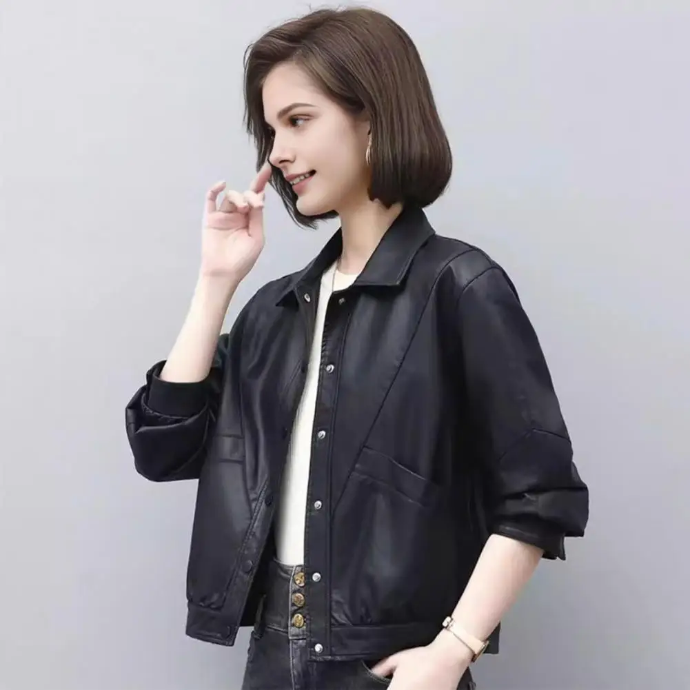 Long-lasting Wear Jacket Retro Motorcycle Coat with Faux Leather Smooth Surface Turn-down Collar for Women Stylish Office