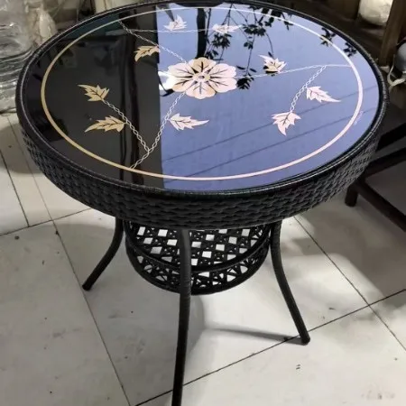 Round Tempered Glass Rattan Coffee Table, Minimalist Small Round Side Table for Living Room Balcony, Boho Wicker End Table