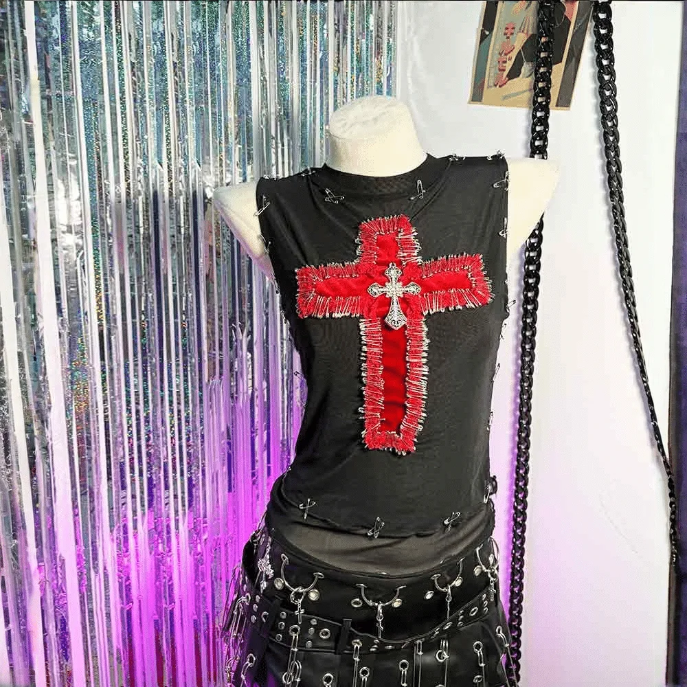 

Teen Harajuku Club Wear Emo Glitch Core Cross E-Girls Pin Fashion Revival Punk Rock Y2K TOPS Gothic Tank Hand Made Grunge Goth