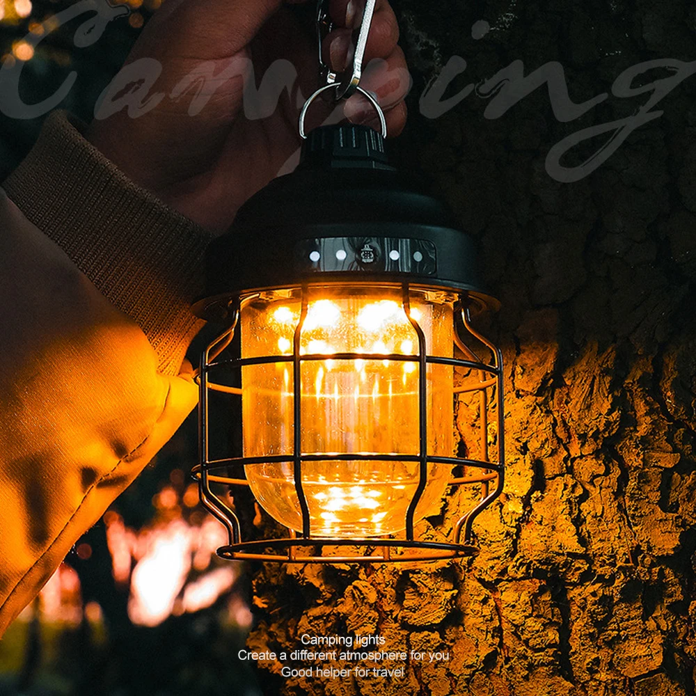 

Vintage Metal Hanging Camping Lanterns 3600mAh Battery Powered Warm Light Led Camp Lantern Rechargeable Tent Light For Outdoor