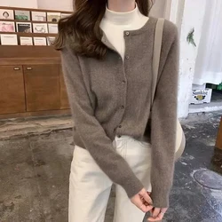 Koreanische Pullover Strickjacke Frauen einreihige lang ärmel ige elegante Vintage gestrickte feste Wolle Herbst Winter weibliche lässige Pullover